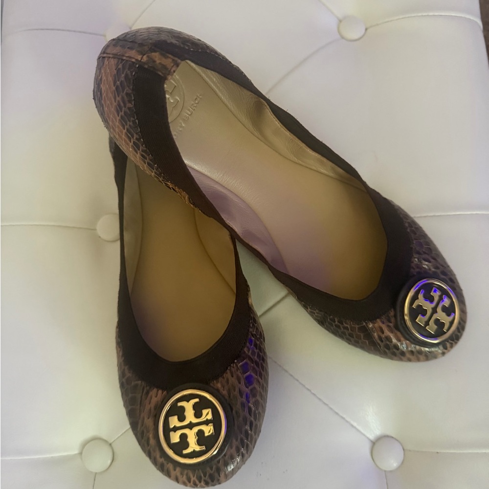 Tory Burch Snakeskin Pattern Flats with Gold Logo